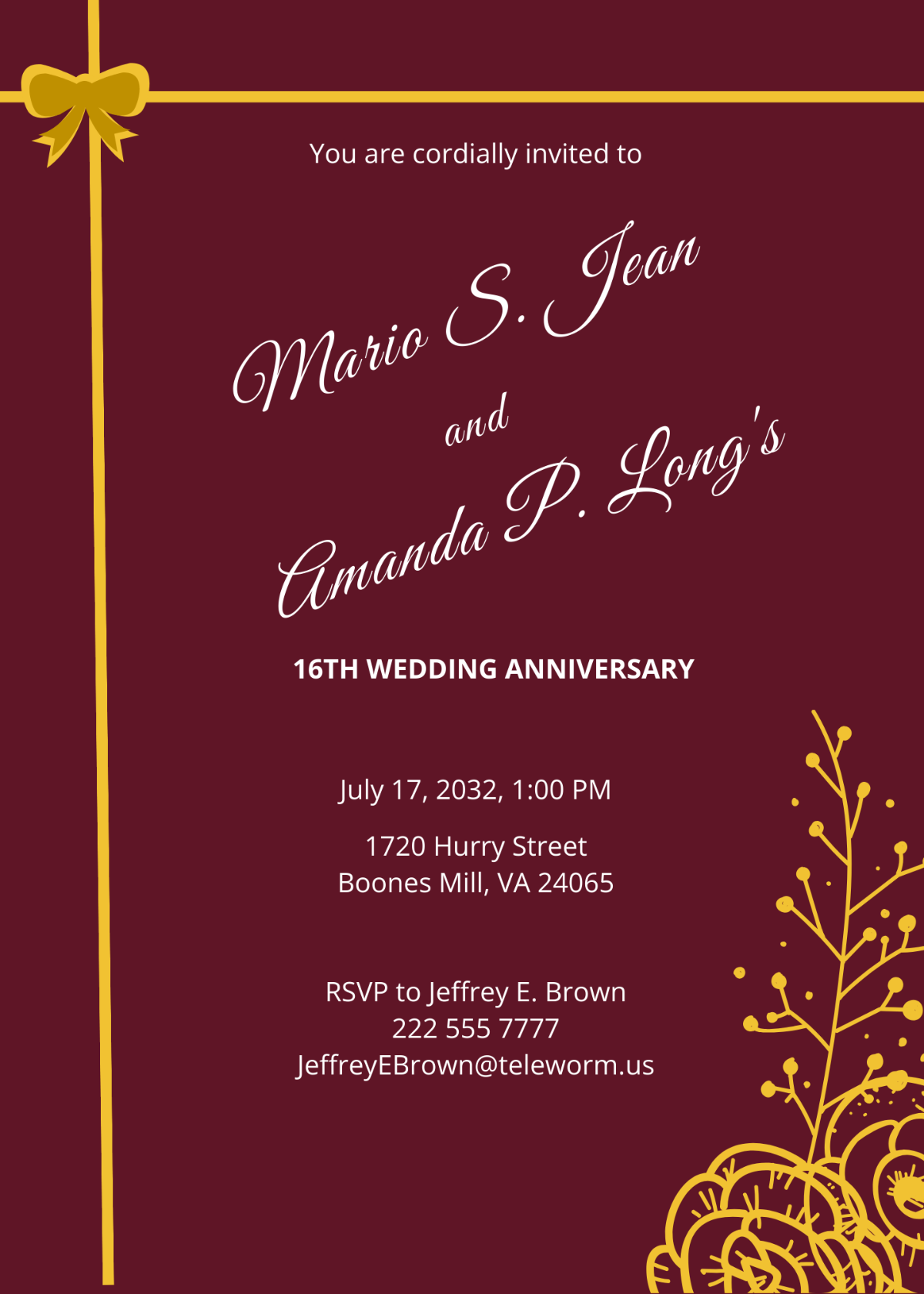Anniversary Invitation With Maroon and Gold Ribbons