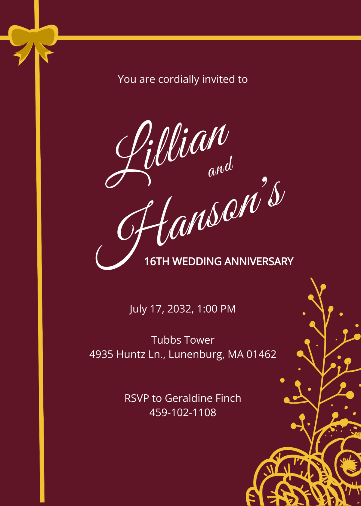 Anniversary Invitation With Maroon and Gold Ribbons Template