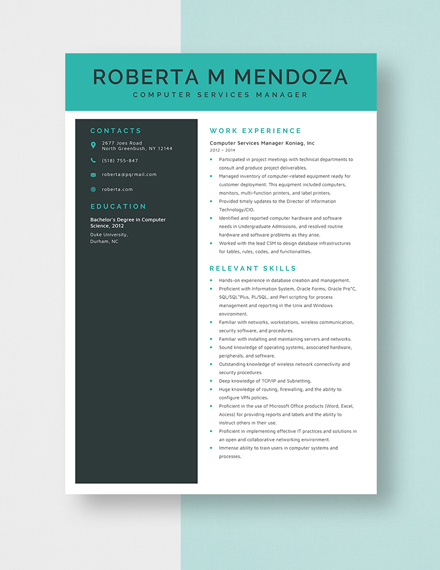 Computer Service Manager Resume Template