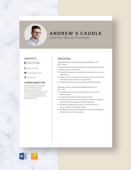 Computer Service Technician Resume Template - Word, Apple Pages