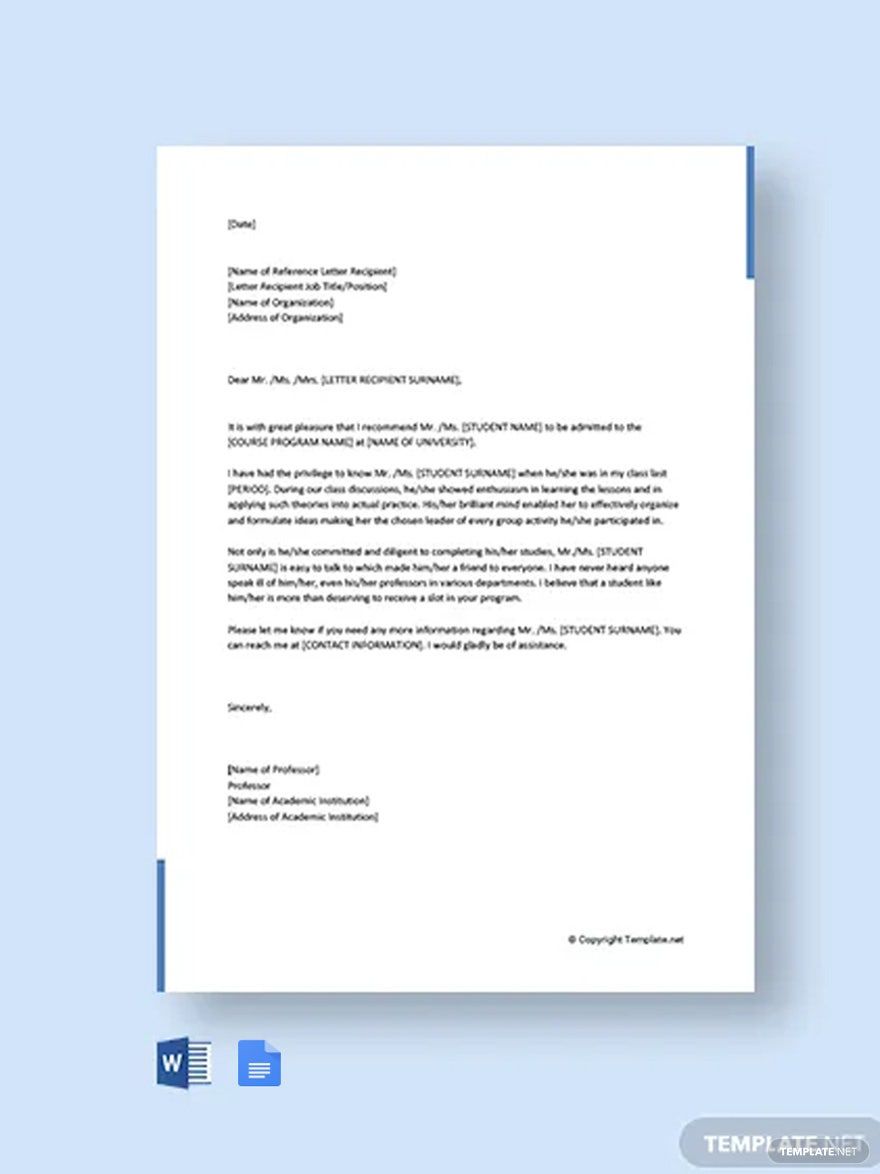 Academic Reference Letter From Professor Template