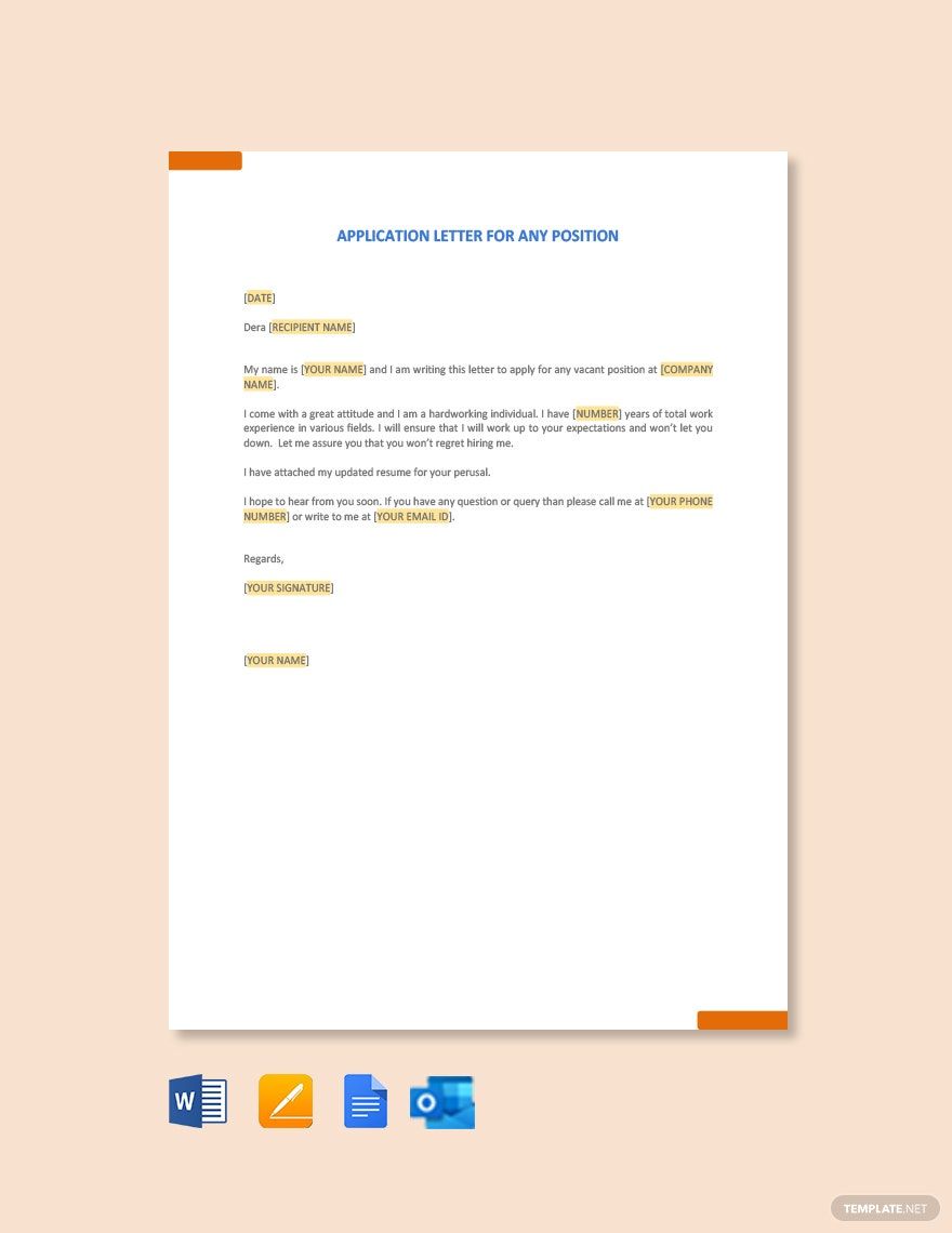 Application Letter For Any Position Template in Word, Google Docs, PDF, Apple Pages, Outlook