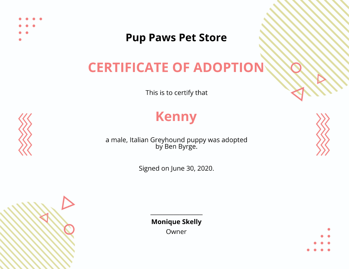 Adapted Puppy Certificate