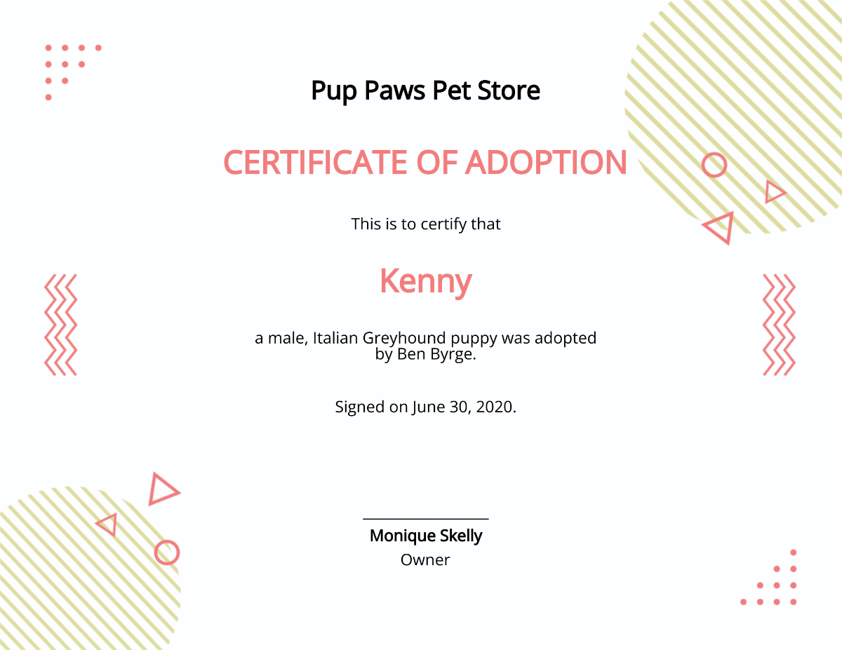 Adapted Puppy Certificate Template