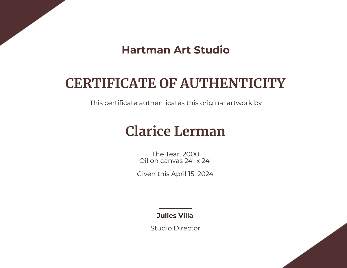 Authenticity Certificate Of Artist