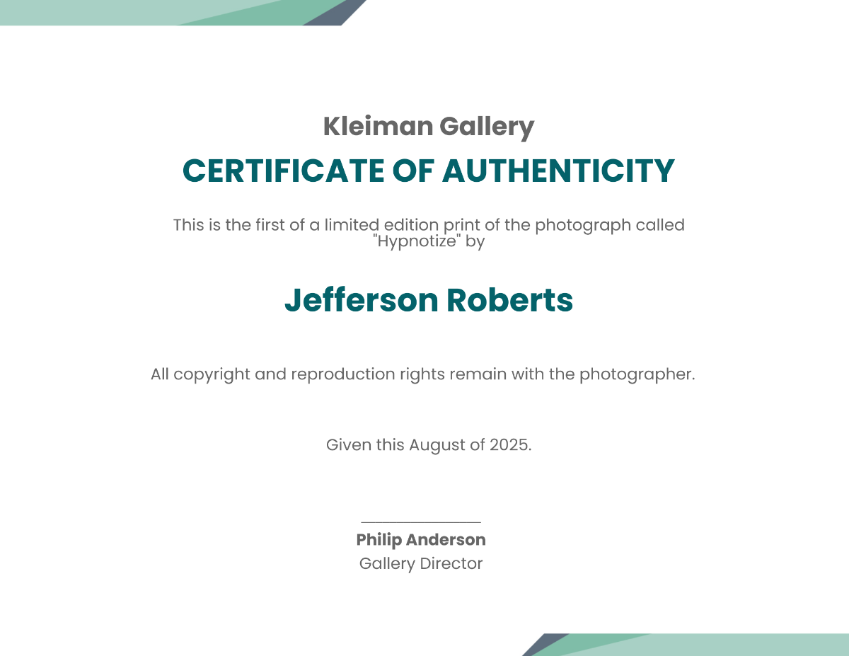 Authenticity Fine Art Prints Certificate