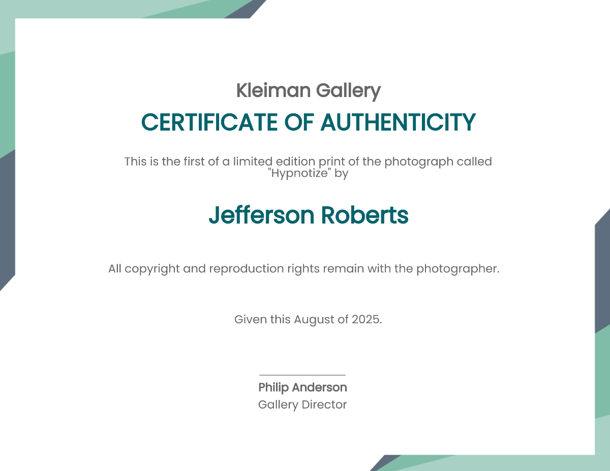 Authenticity Fine Art Prints Certificate Template