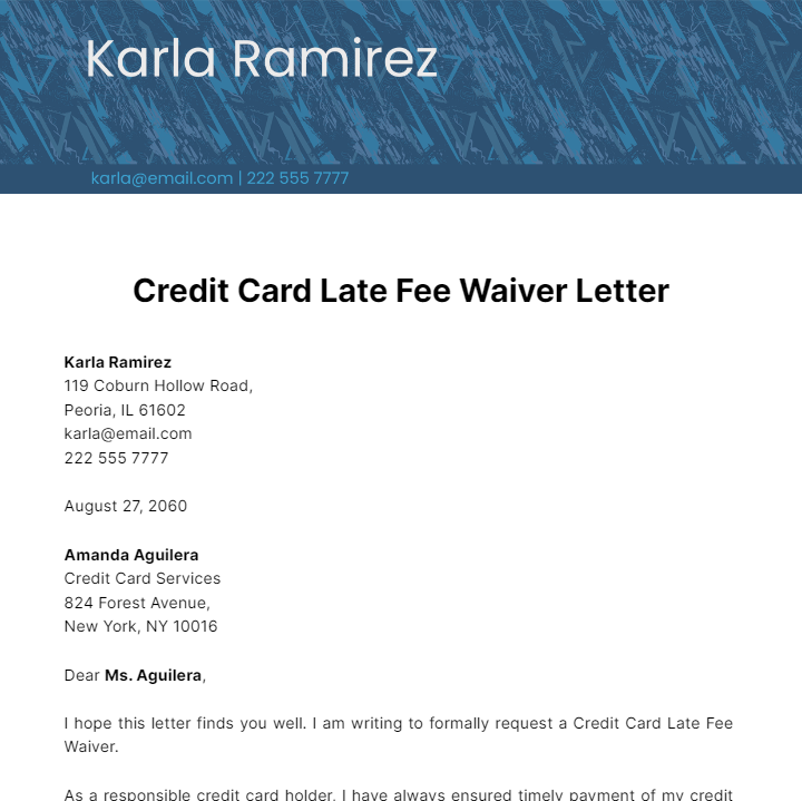 Free Credit Card Late Fee Waiver Letter Template