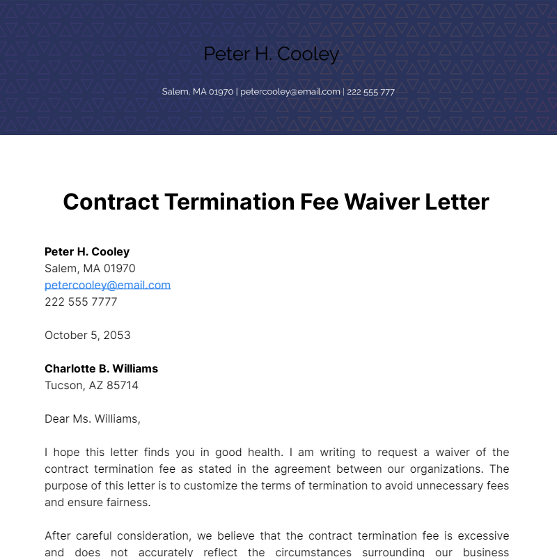 Free Contract Termination Fee Waiver Letter Template
