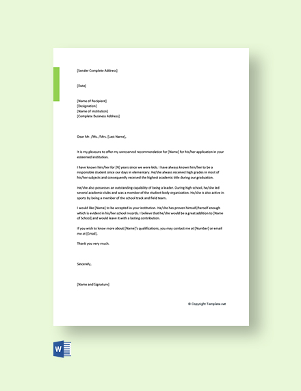 FREE College Recommendation Letter from family friend Template - Word