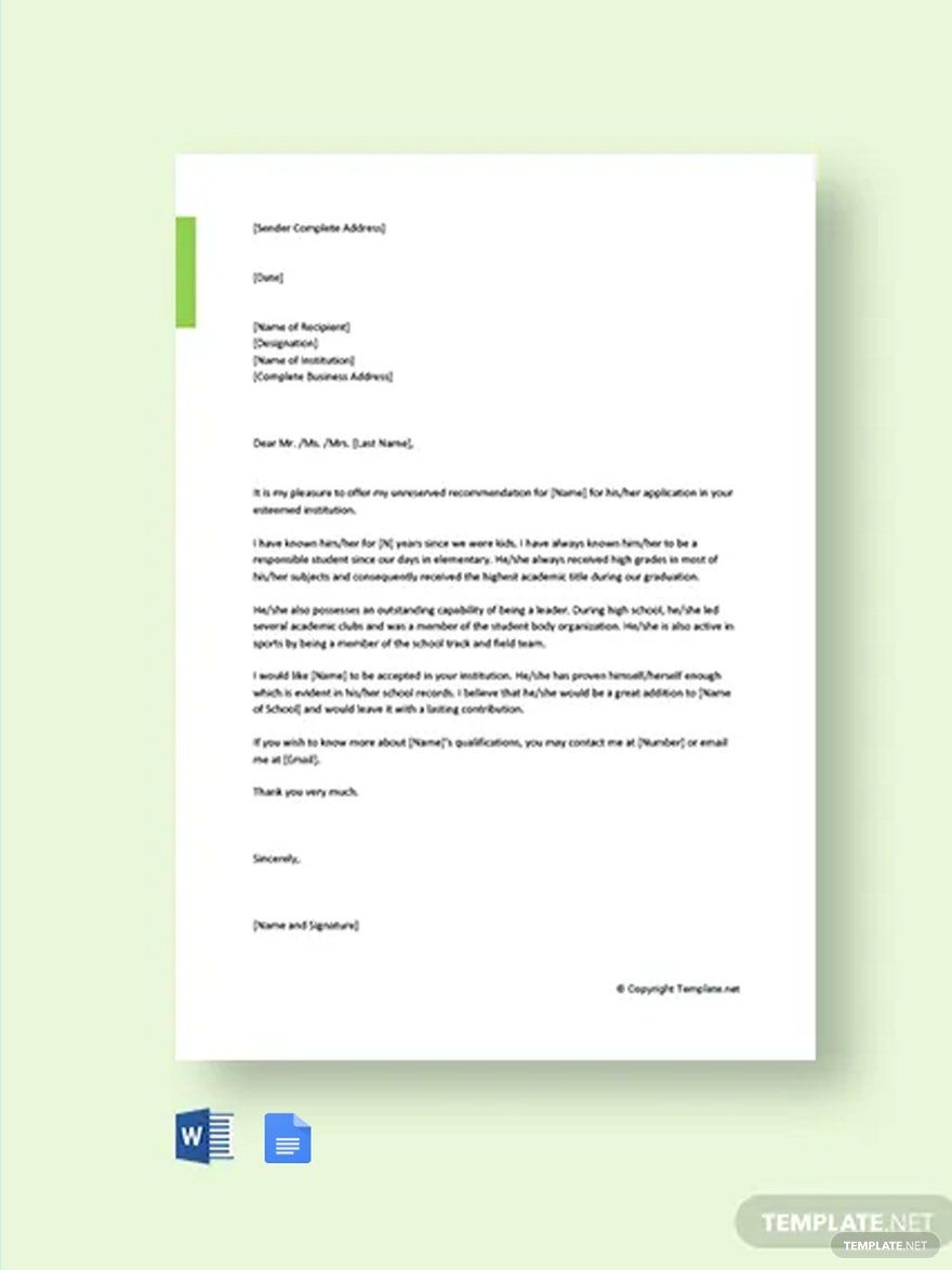 Free College Reference Letter For A Friend Template