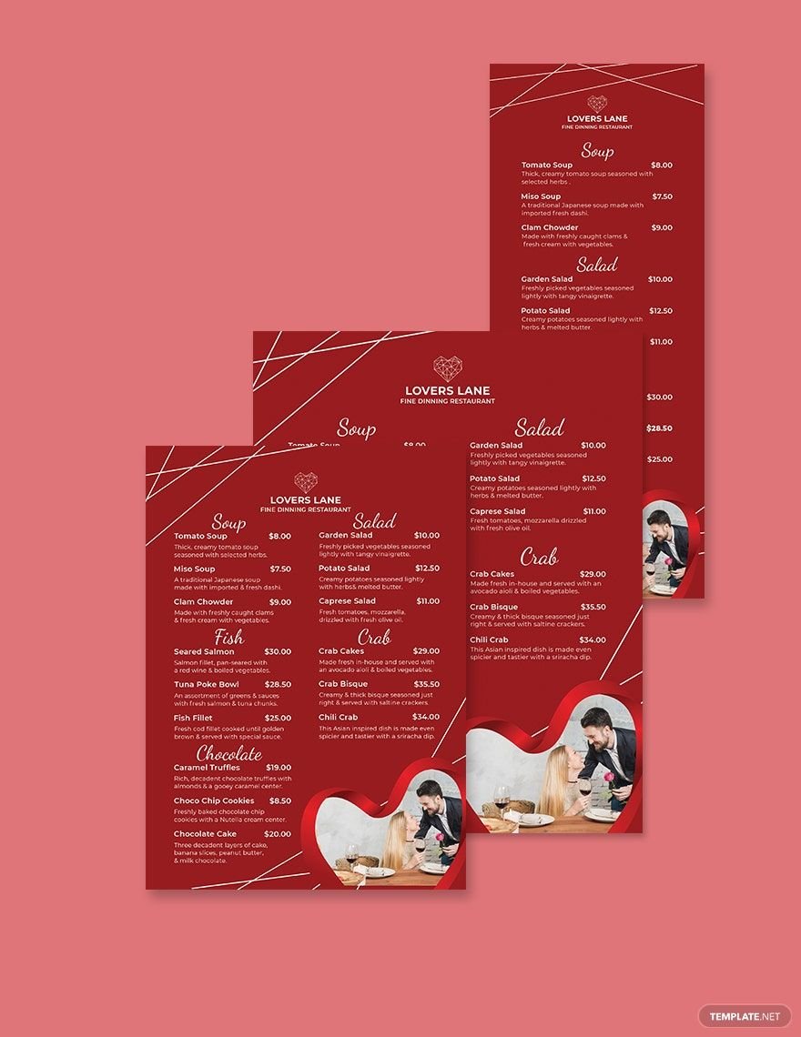 Editable Sample Valentine's Day Menu Template in Word, Illustrator, PSD, Apple Pages, Publisher