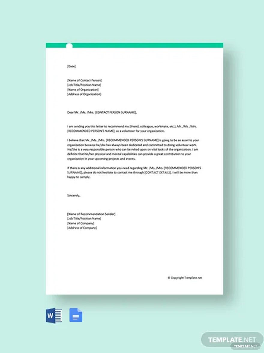 Free Volunteer Service Recommendation Letter Template