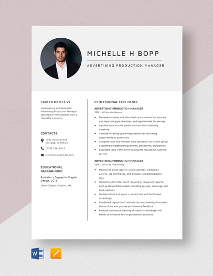 Free Advertising Production Manager Resume Template - Word, Apple Pages