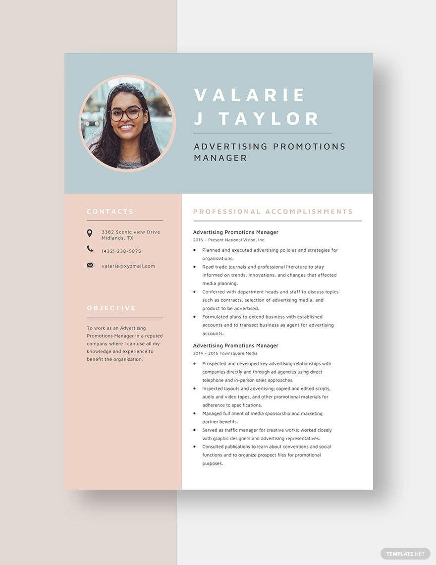 Advertising Promotions Manager Resume
