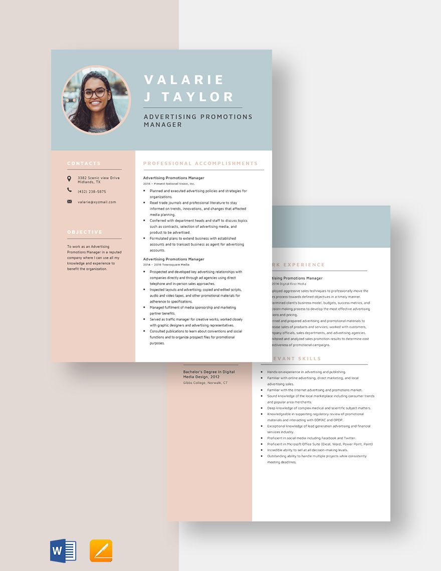 Advertising Promotions Manager Resume