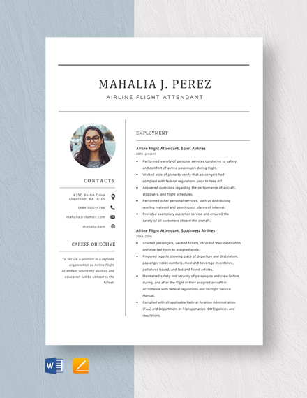 Free Flight Attendant Resume - Word, Apple Pages | Template.net