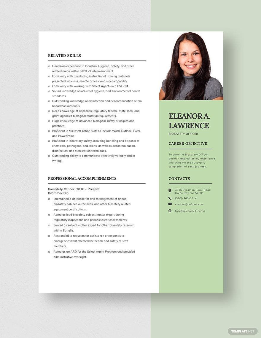 Bio-Safety Officer Resume in Word, Apple Pages