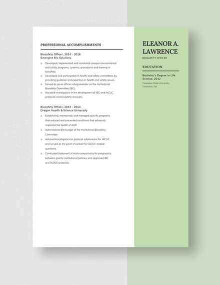 Biosafety Officer Resume Template