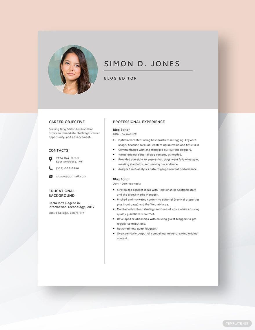 Blog Editor Resume in Word, Apple Pages