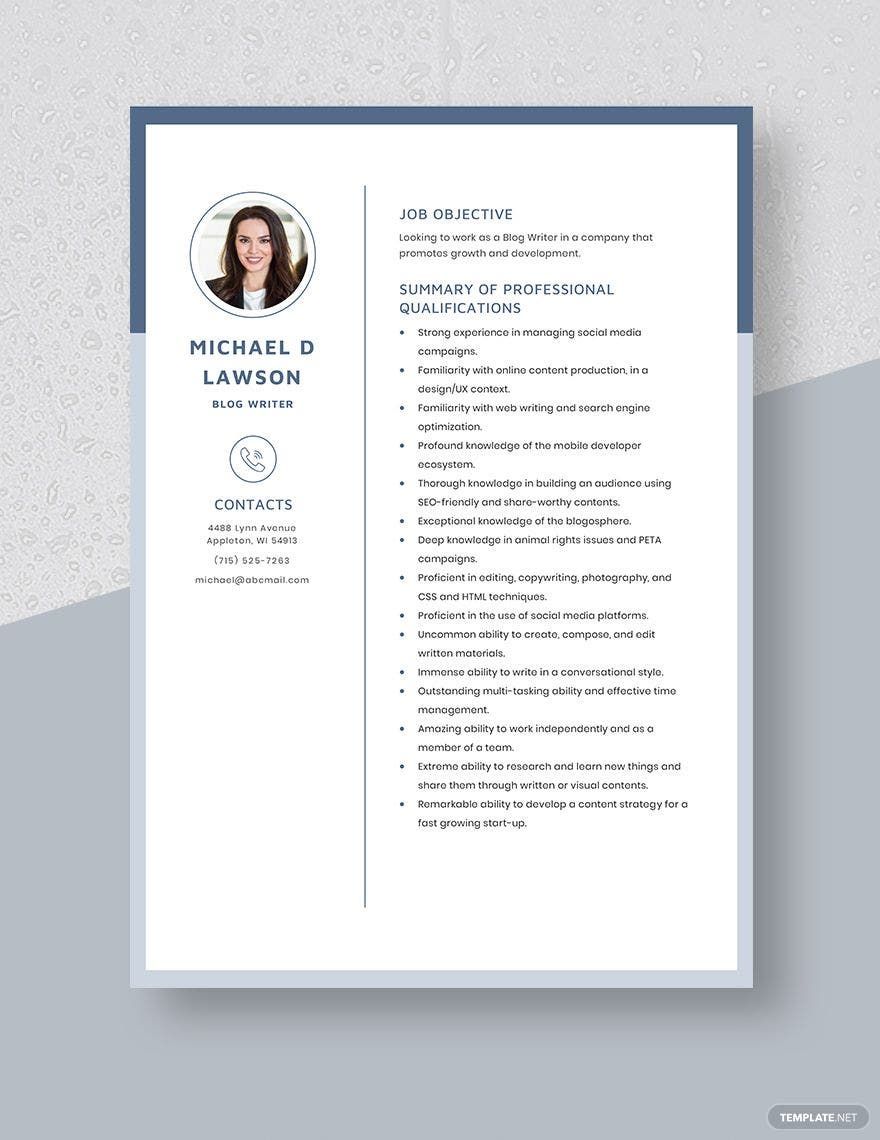 Blog Writer Resume in Word, Apple Pages