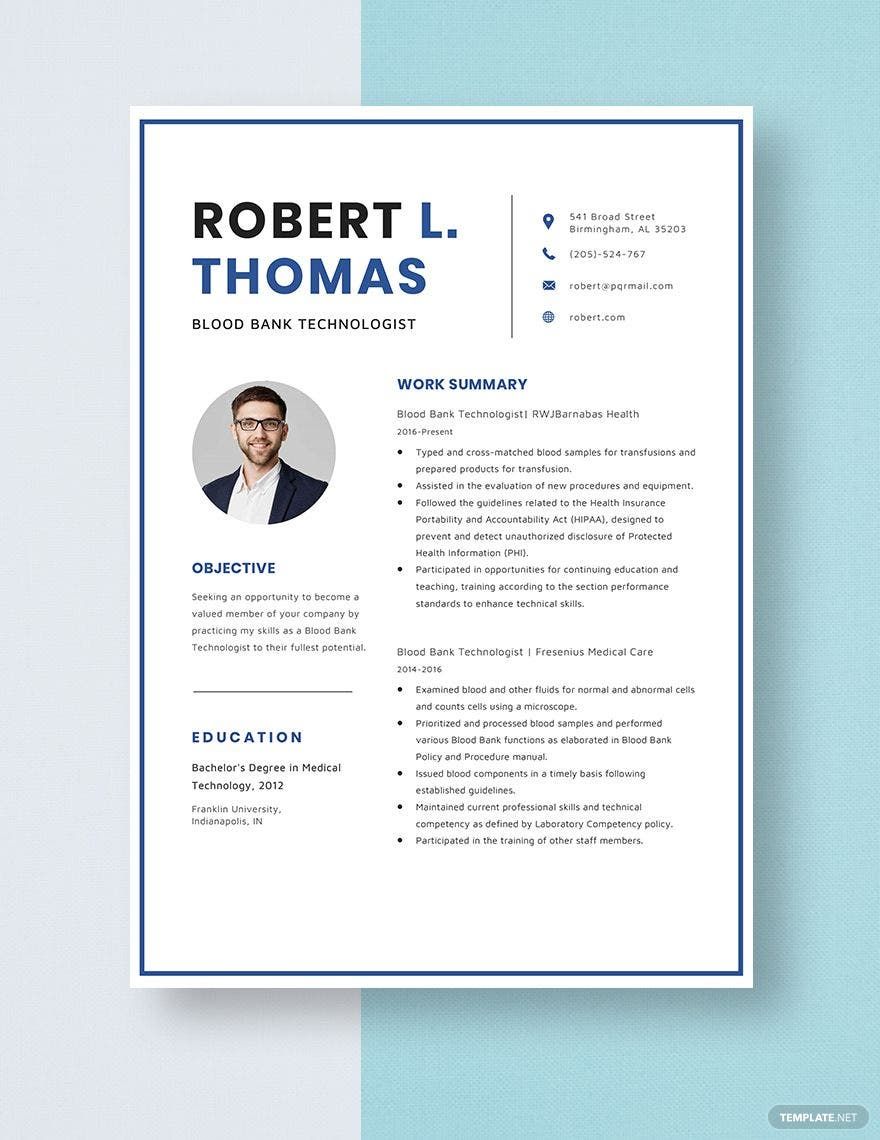 Free Blood Bank Technologist Resume Template