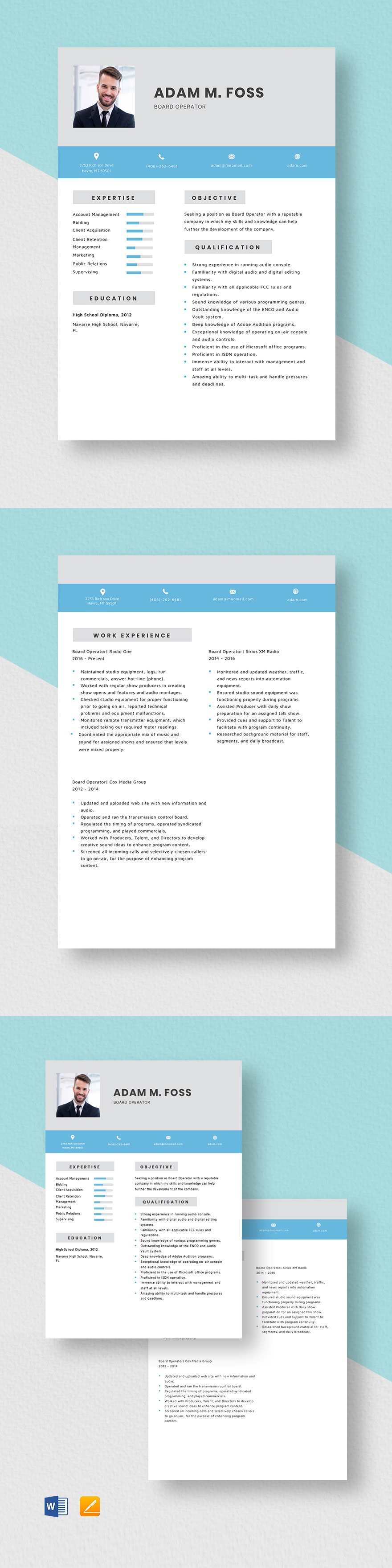 Radio Board Operator Resume Template Word, Apple Pages