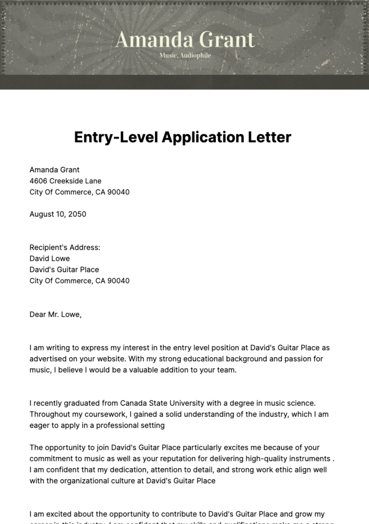 Entry-Level Application Letter Template
