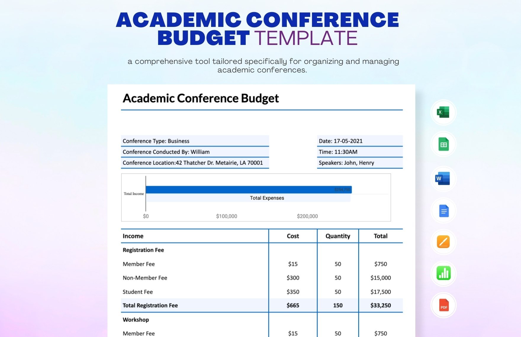 Academic Conference Budget Template in Word, Google Docs, Excel, PDF, Google Sheets, Apple Pages, Apple Numbers