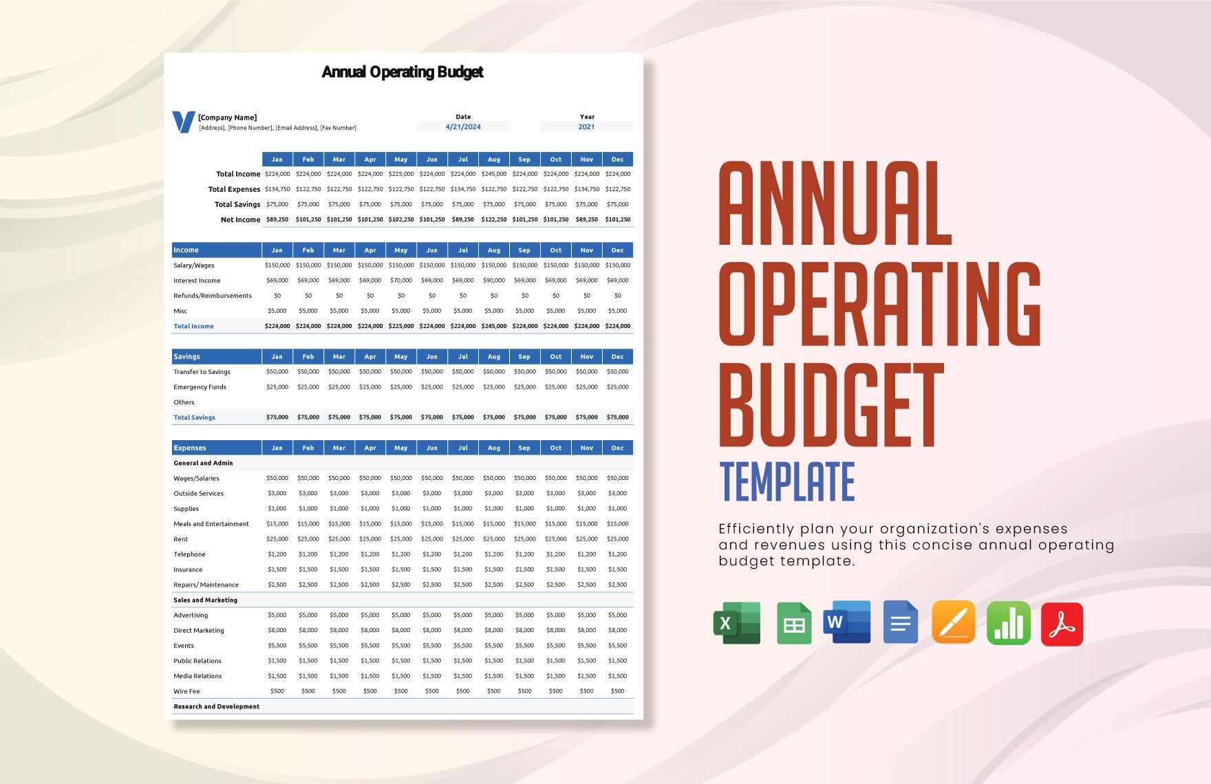 Annual Operating Budget Template in Word, Google Docs, Excel, PDF, Google Sheets, Apple Pages, Apple Numbers