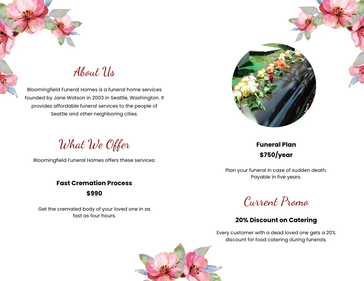 Free Floral Funeral Bi-fold Brochure Template to Edit Online