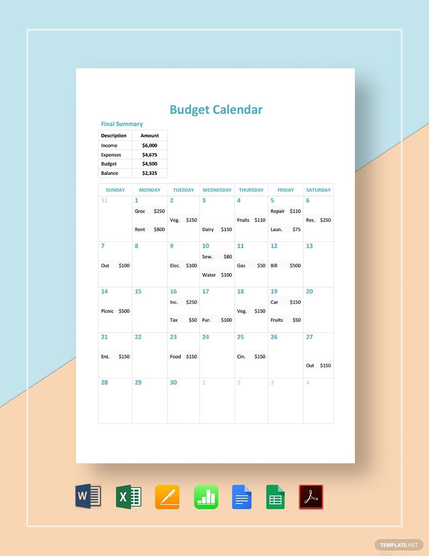 Budget Calendar Template Google Docs, Google Sheets, Excel, Word