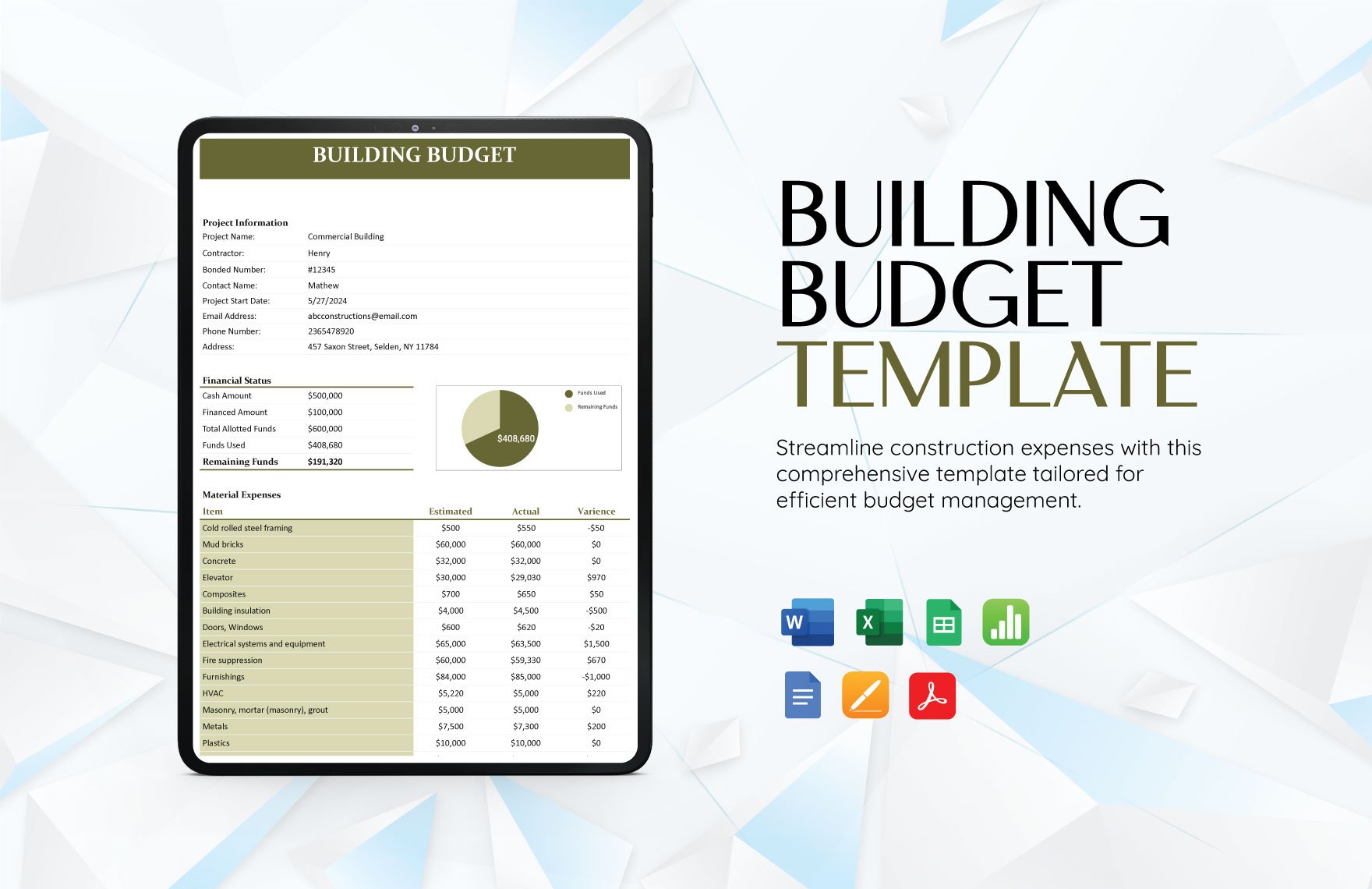 Building Budget Template in Word, Google Docs, Excel, PDF, Google Sheets, Apple Pages, Apple Numbers