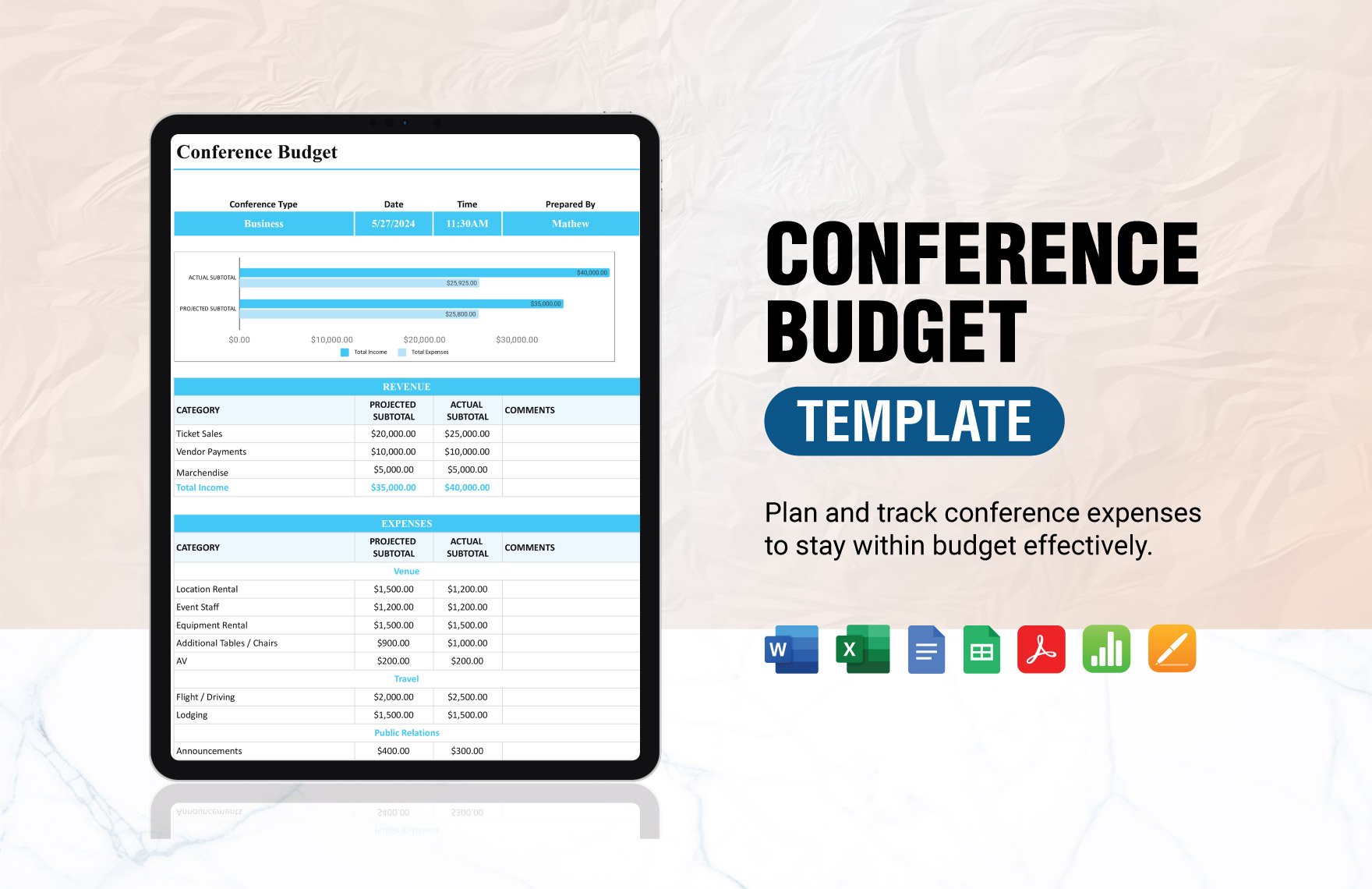Conference Budget Template in Word, Google Docs, Excel, PDF, Google Sheets, Apple Pages, Apple Numbers