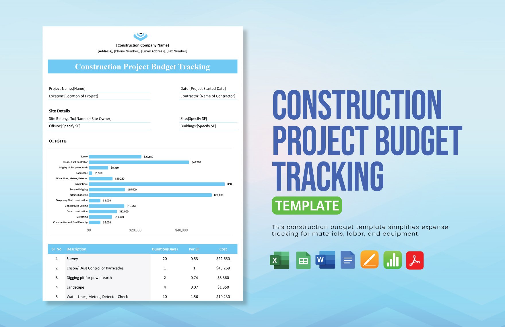 Construction Project Budget Tracking Template in Word, Google Docs, Excel, PDF, Google Sheets, Apple Pages, Apple Numbers