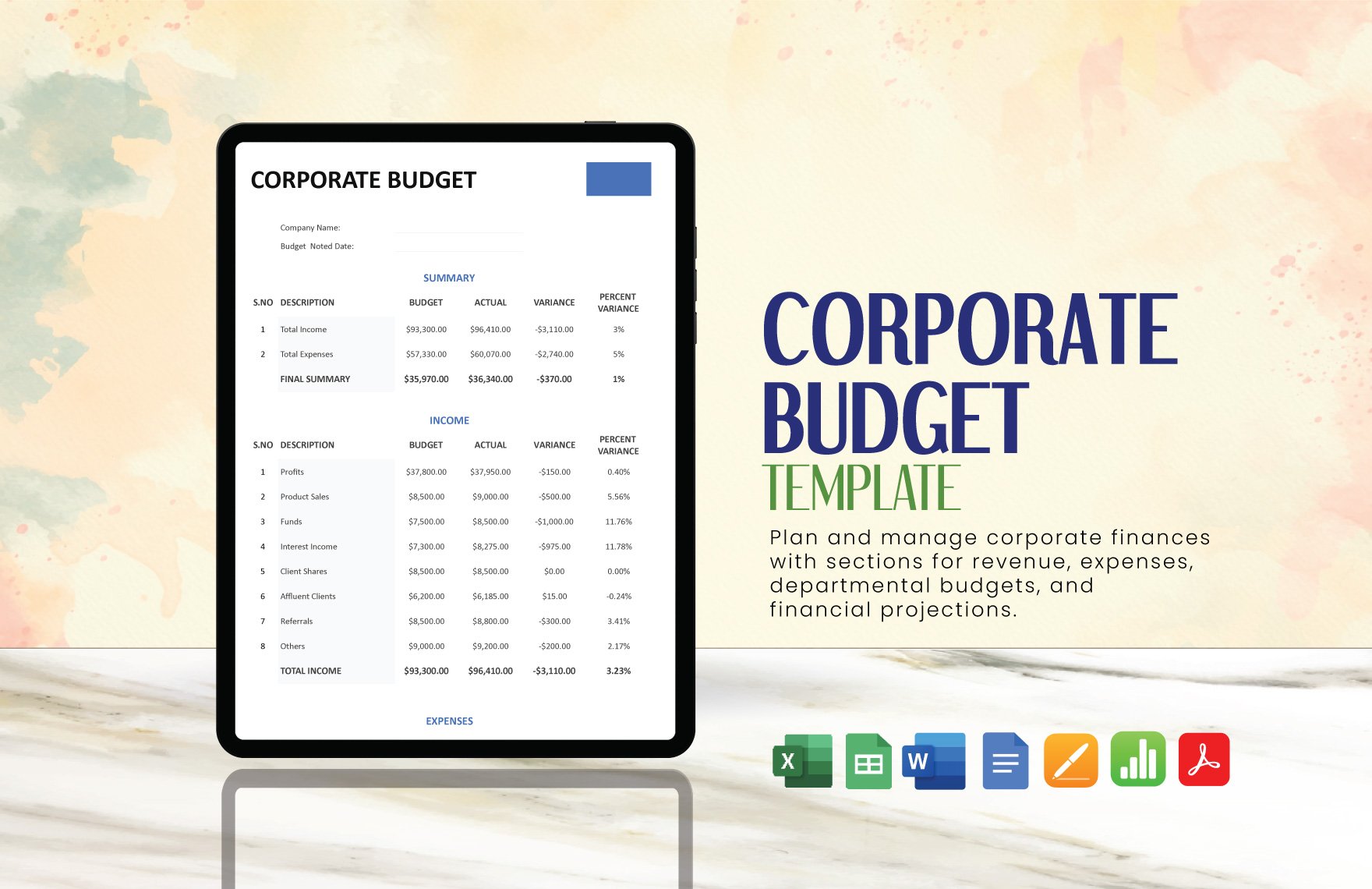 Corporate Budget Template in Word, Google Docs, Excel, PDF, Google Sheets, Apple Pages, Apple Numbers