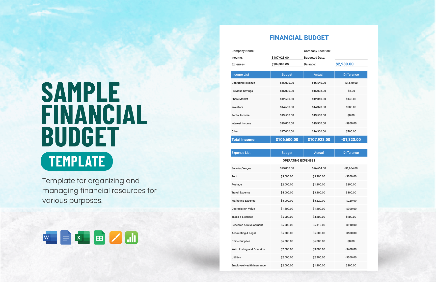 Sample Financial Budget Template in Word, Google Docs, Excel, Google Sheets, Apple Pages, Apple Numbers