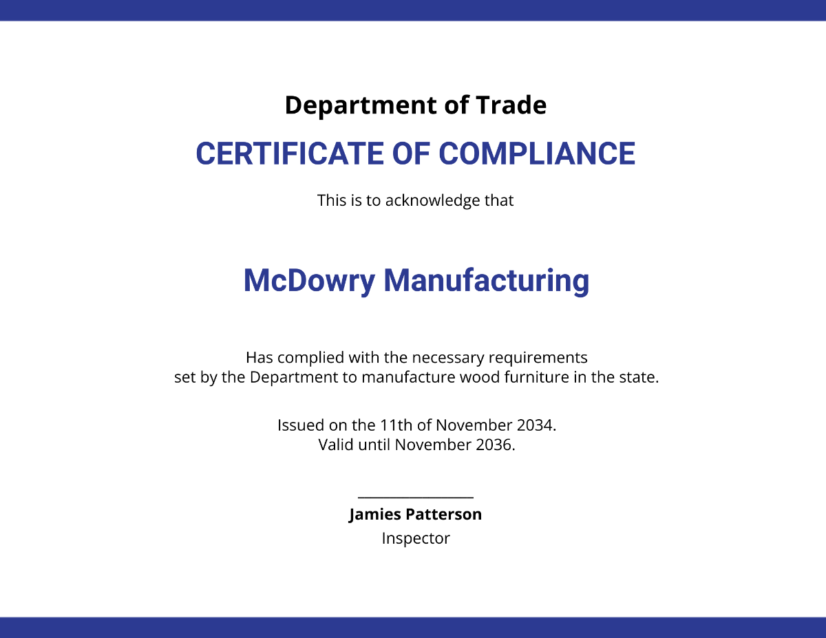 Manufacturer Certificate of Compliance Template