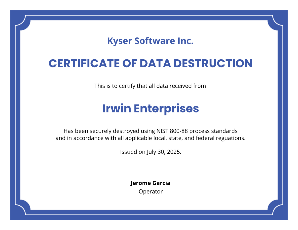 Certificate of Data Destruction
