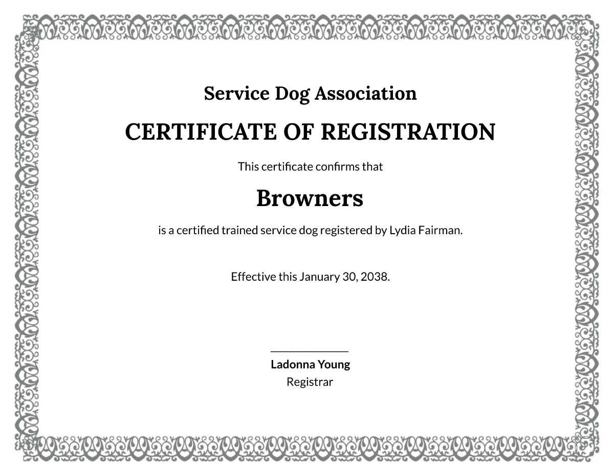 Editable Service Dog Certificate