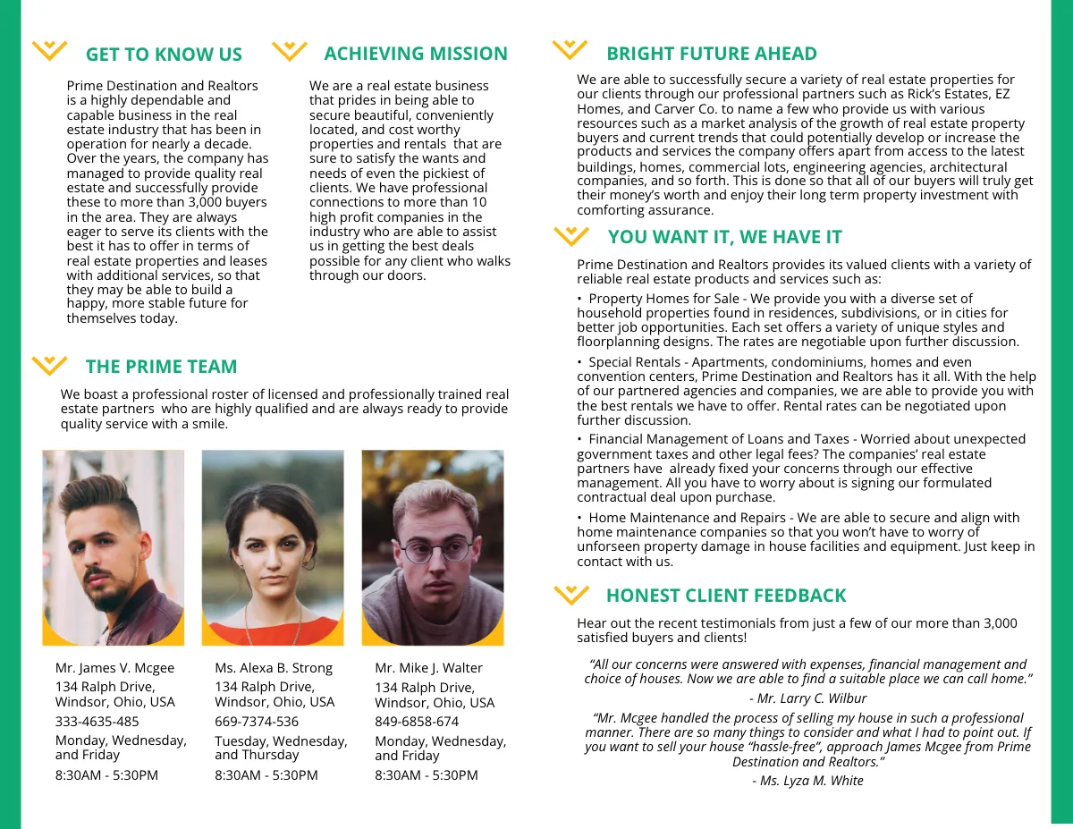 Free Real Estate Partners Bi-fold Brochure Template to Edit Online