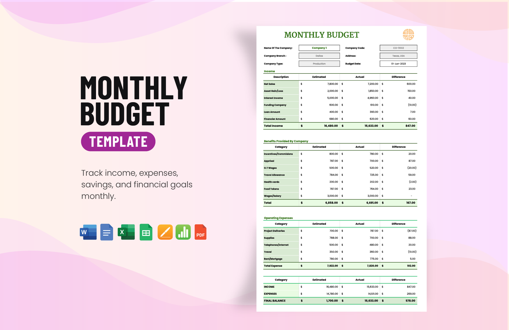 Monthly Budget Template in Word, Google Docs, Excel, PDF, Google Sheets, Apple Pages, Apple Numbers