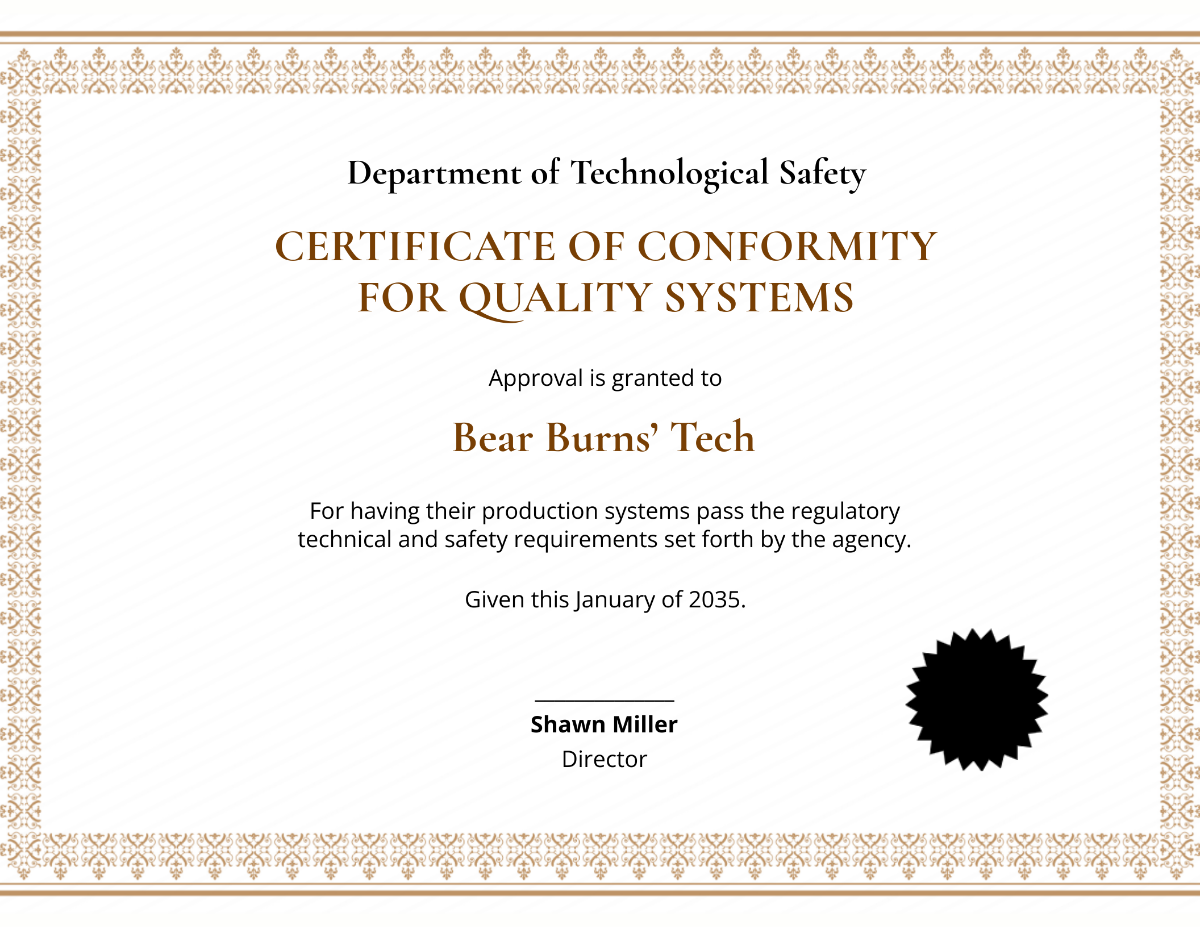 Quality System Conformance Certificate