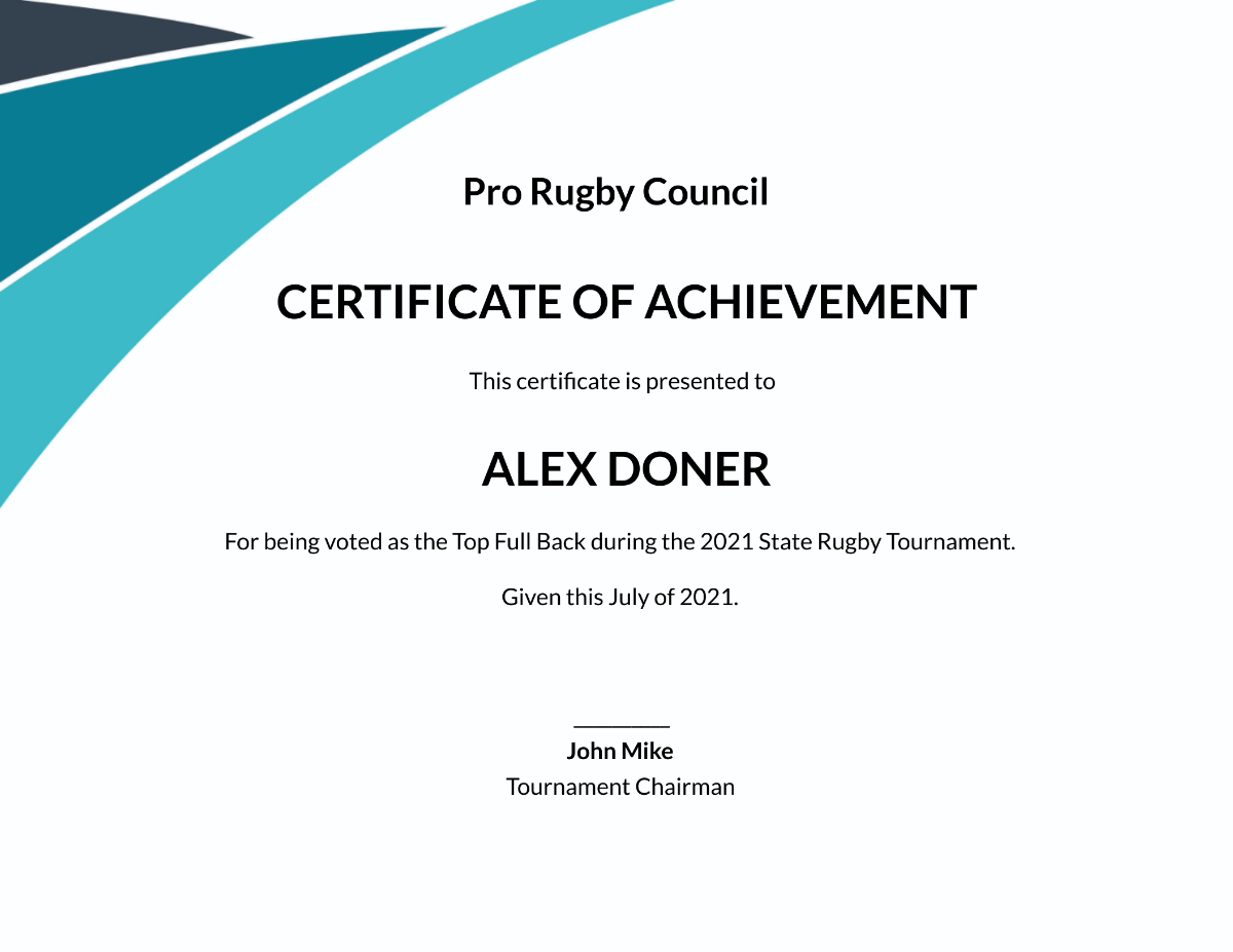 Achievement Certificate for Rugby