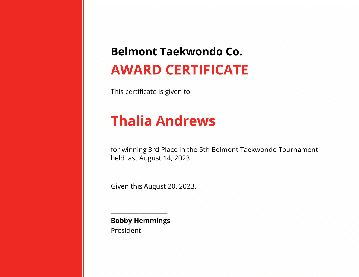 Editable Taekwondo Certificate
