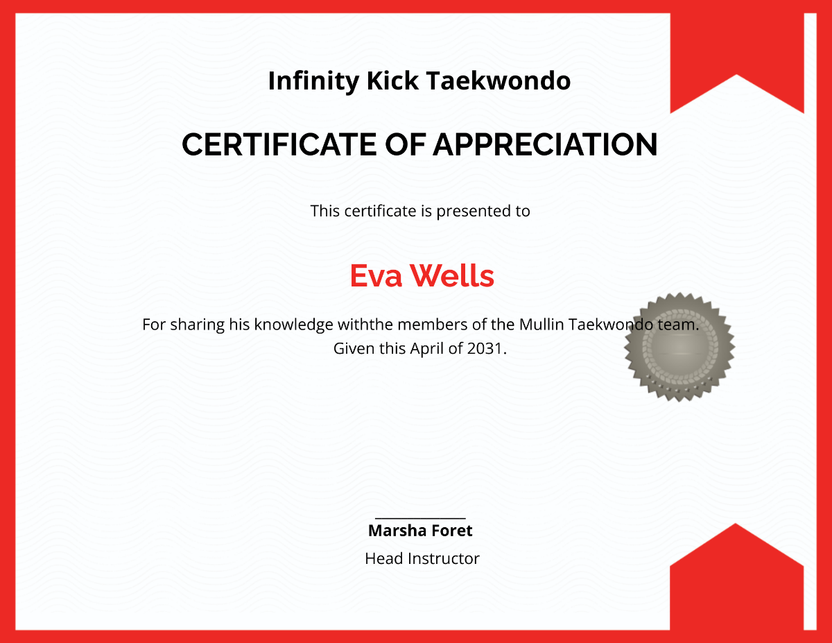 Taekwondo Coach Appreciation Certificate