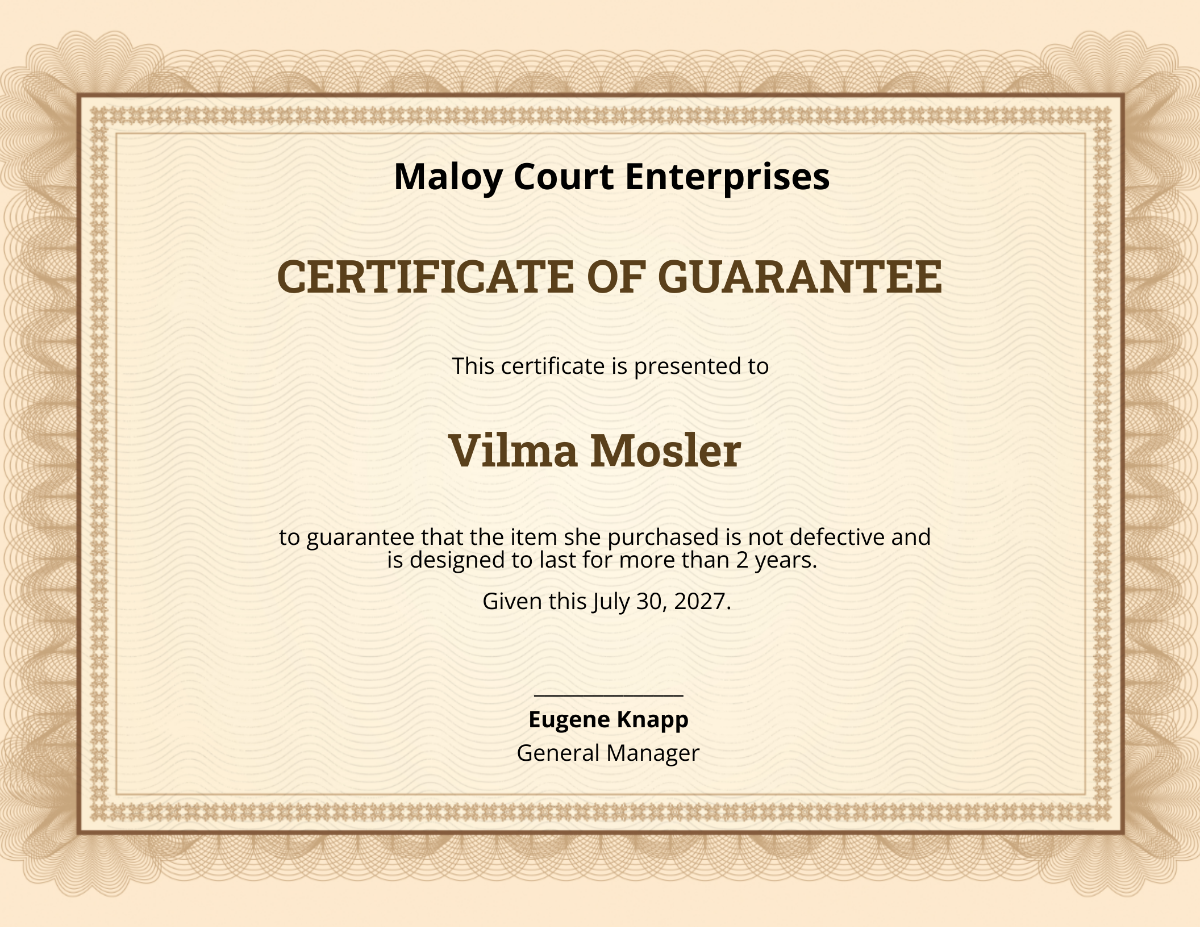 Guarantee Certificate Template - Edit Online & Download