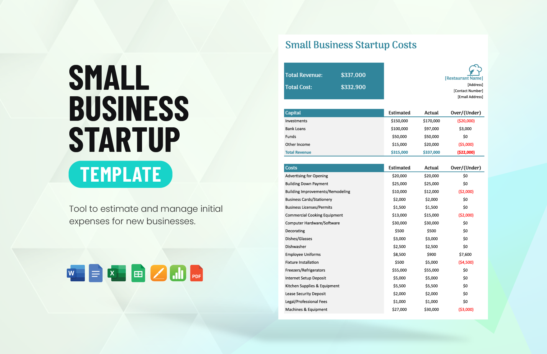 Small Business Start Up Costs Template in Word, Google Docs, Excel, PDF, Google Sheets, Apple Pages, Apple Numbers