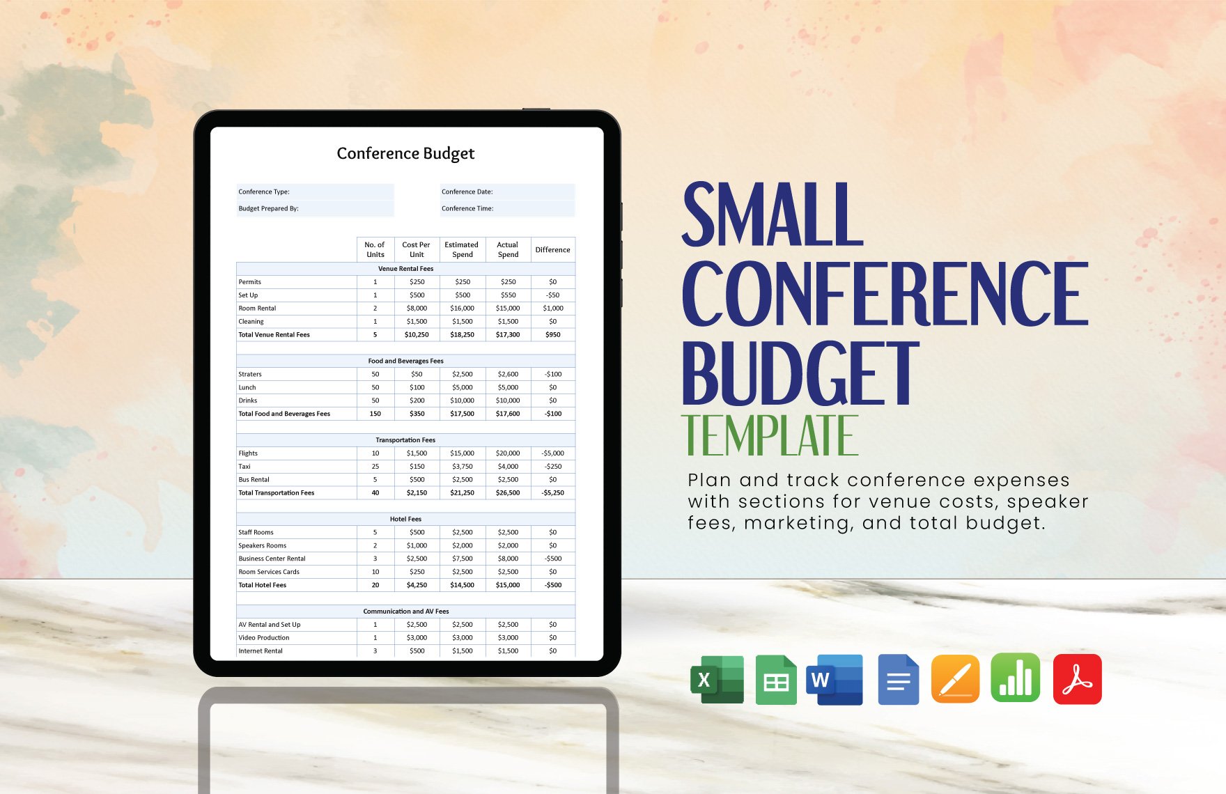 Small Conference Budget Template in Word, Google Docs, Excel, PDF, Google Sheets, Apple Pages, Apple Numbers