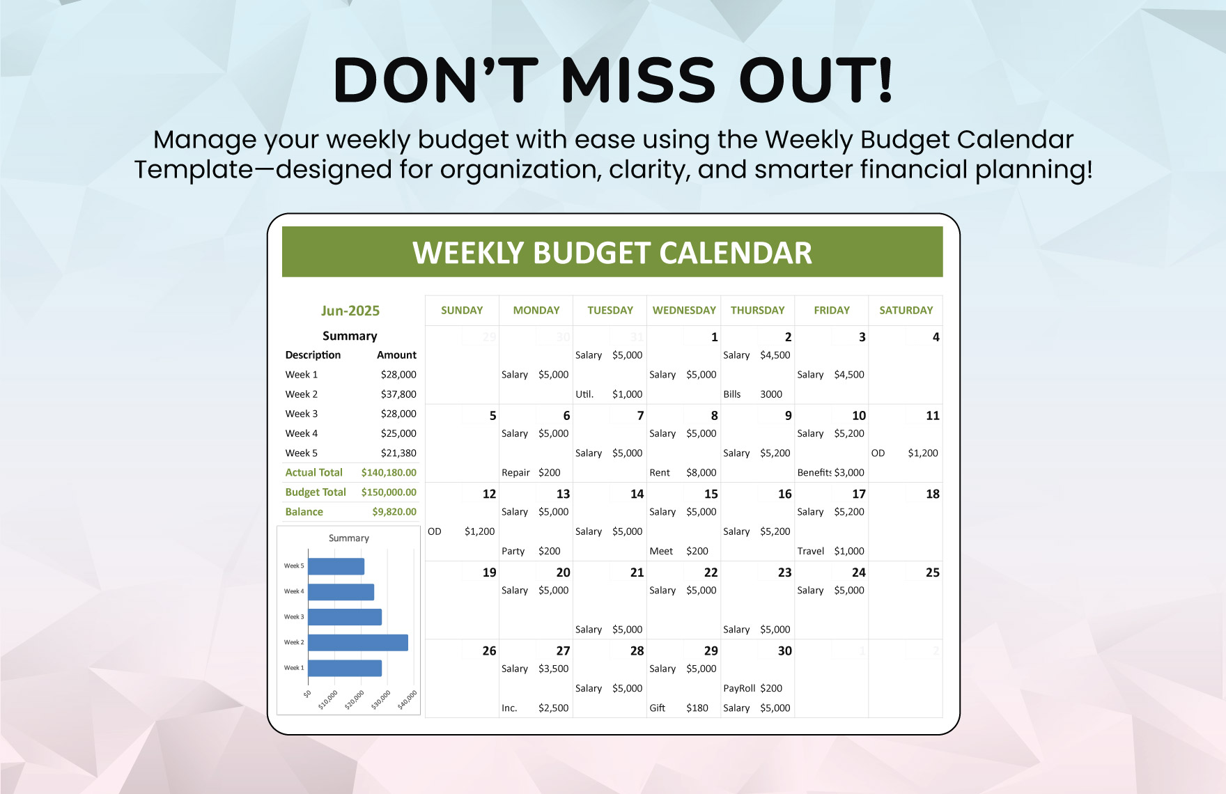 Weekly Budget Calendar Template